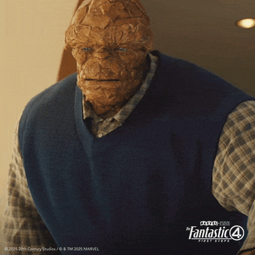 a poster for the fantastic 4 first steps shows a man in a blue vest and plaid shirt