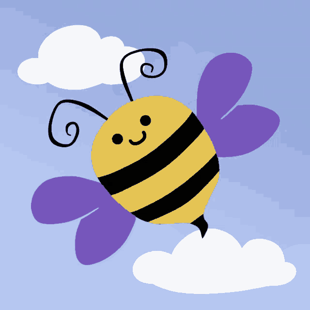 a cartoon bee with purple wings is flying through the air