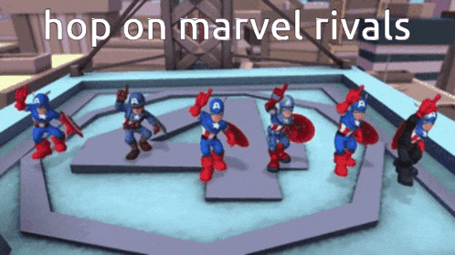 a group of captain america action figures on a stage with the words hop on marvel rivals