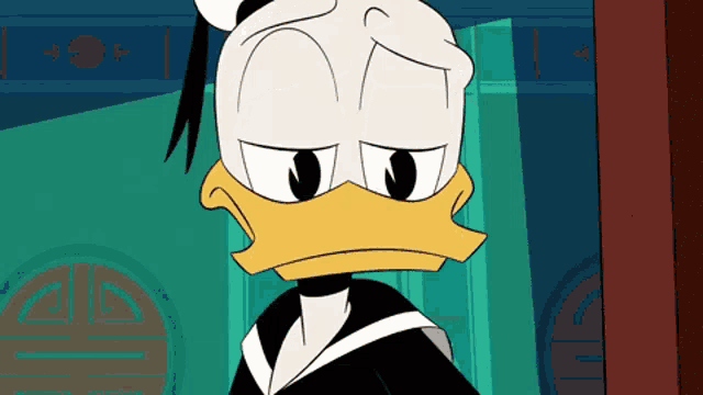 donald duck is wearing a black and white outfit
