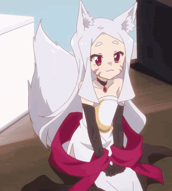 a girl with white hair and a red scarf around her neck