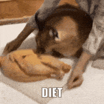 a person laying on a bed with a chicken and the word diet above them