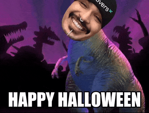 a picture of a man dressed as a dinosaur with the words happy halloween below it