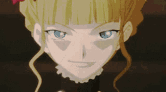 a woman with blonde hair and blue eyes is looking at the camera