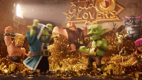 clash of clans characters are dancing in a pile of gold