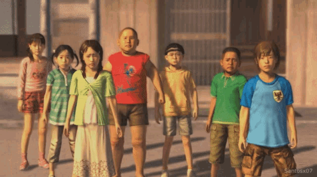 a group of children are standing in front of a building with santosx07 written on the bottom