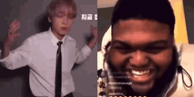 a man in a white shirt and tie is dancing next to a man in a black shirt and tie .