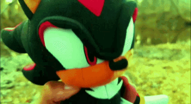 a person is holding a stuffed animal that is shadow the hedgehog