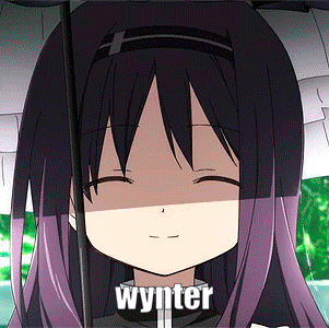 a girl with purple hair is holding an umbrella and the word wynter is on the bottom right
