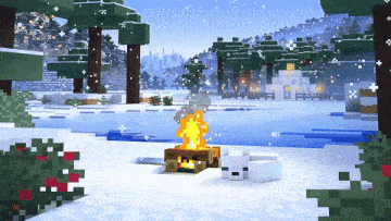 a minecraft screenshot of a snowy landscape with a fire