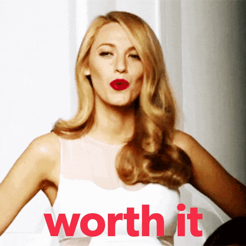 a woman in a white dress with the word worth it in red