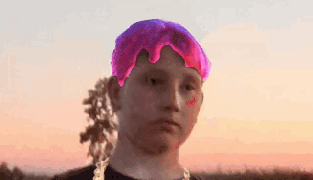 a boy with a purple wig on his head and a necklace around his neck