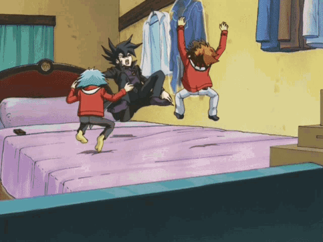 three anime characters jumping on a bed with clothes hanging on the wall