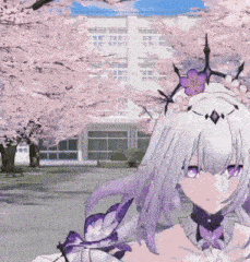 a girl with purple hair is standing in front of cherry blossom trees