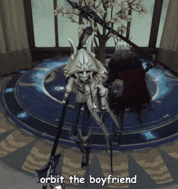 a video game character with the words orbit the boyfriend written on it