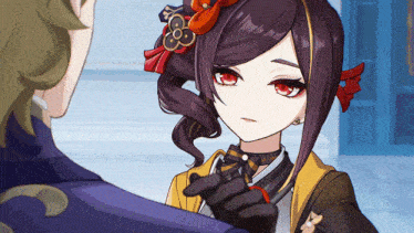 a girl with red eyes and a flower in her hair