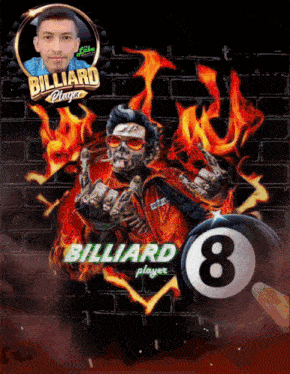 a poster for a billiard player with a skeleton holding a pool ball
