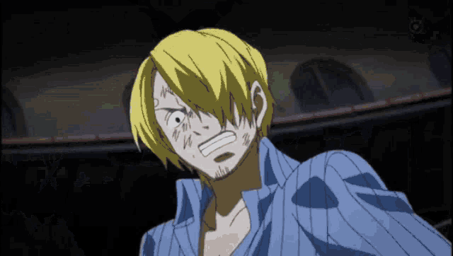 a man with blonde hair and a blue shirt has a white eye