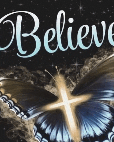 a butterfly with a cross on its wings and the word believe .