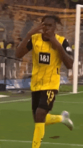a soccer player wearing a yellow jersey with the number 43 on it is running on the field .