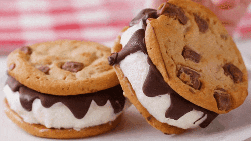 two s'mores sandwiches on a white plate with chocolate chips