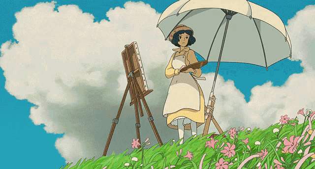a cartoon drawing of a woman holding an umbrella standing next to an easel