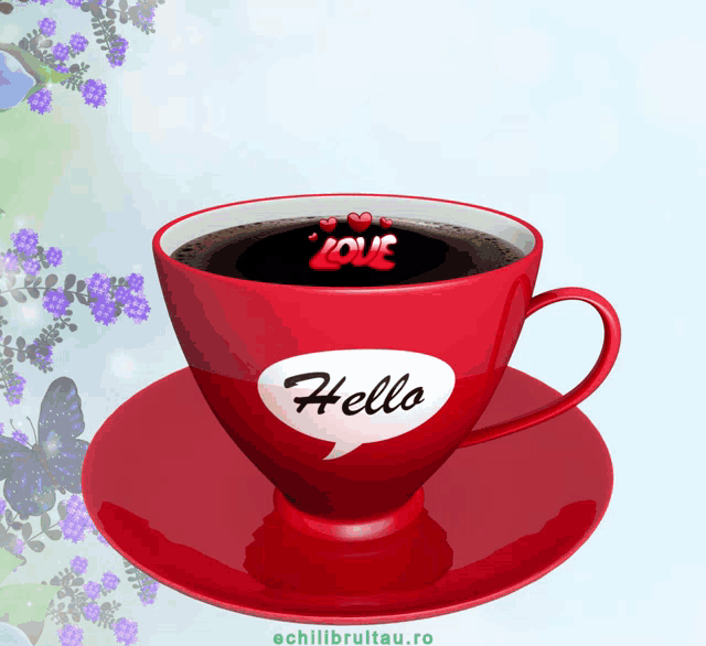 a cup of coffee with a speech bubble saying hello