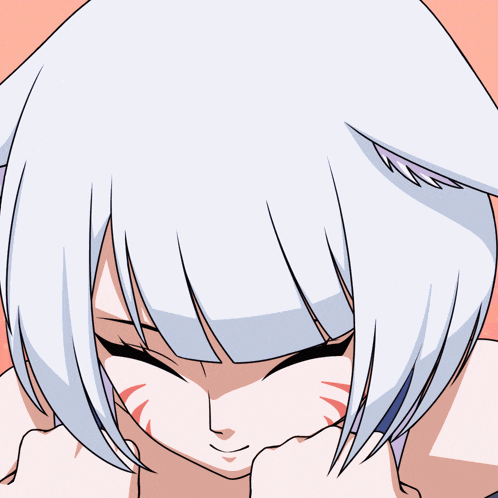 a close up of a cartoon character with white hair and purple eyes