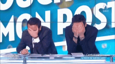 two men covering their faces with their hands in front of a sign that says mon post