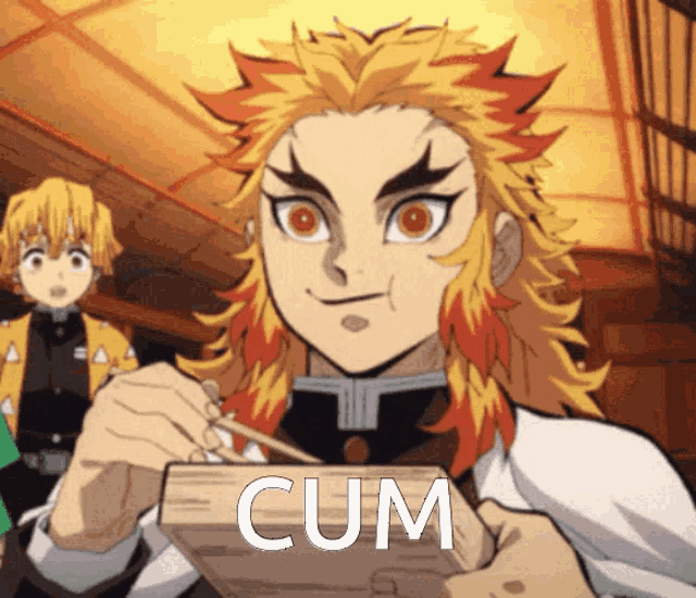a cartoon character is holding a piece of wood with the word cum on it .