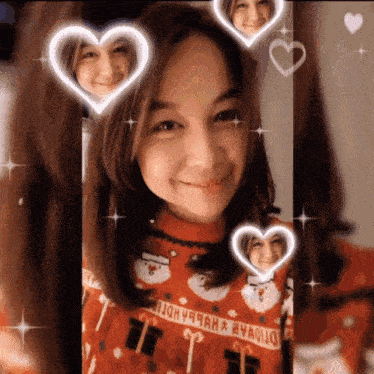a woman wearing a red sweater that says " johny99ah " on the front