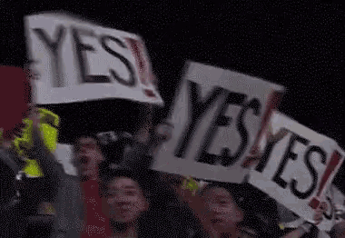 a group of people are holding signs that say `` yes '' .