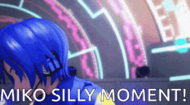 a blue haired anime character with the words " miko silly moment " written below her