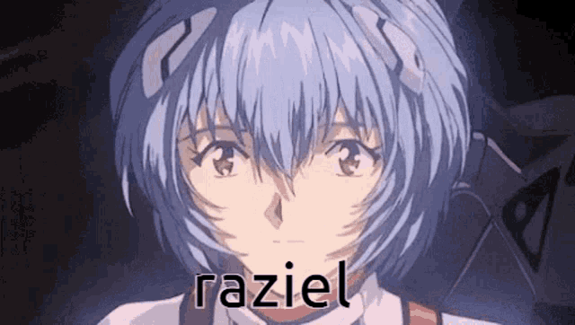 a close up of a person 's face with the word raziel on it