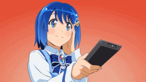 a girl with blue hair is holding a cell phone in her hand