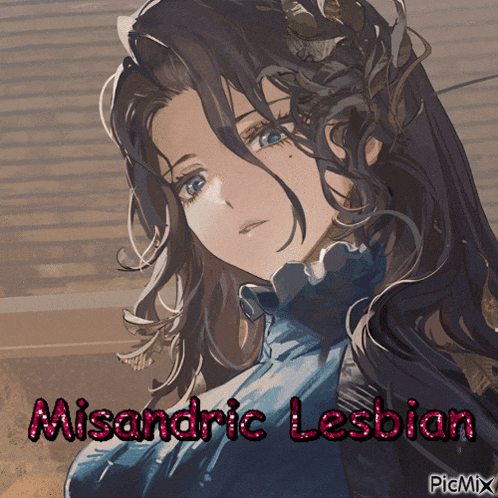 a picture of a girl with the words misandric lesbian written on it