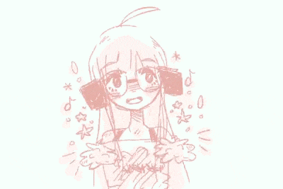a pink and white drawing of a girl with long hair and glasses .