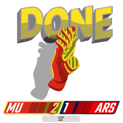 a red and yellow glove with the word done on top