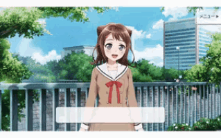 a girl with a red bow is standing in front of a building
