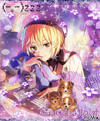 a picture of a girl reading a book with three puppies and the words good night picmix