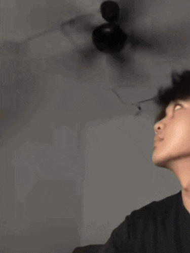 a blurry picture of two men standing next to each other in a room with a ceiling fan in the background .