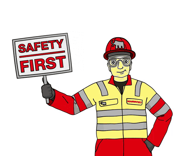 a cartoon of a man holding a sign that says " safety first "
