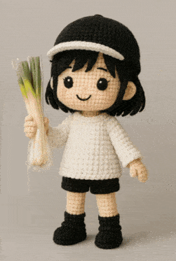 a crocheted doll wearing a white sweater and black shorts is holding a bunch of green onions