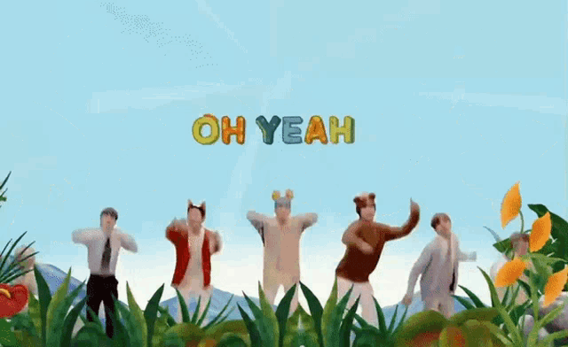 a group of people are dancing in a field with the words oh yeah above them
