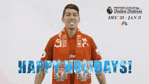 a man in a red shirt with a scarf around his neck and the words happy holidays