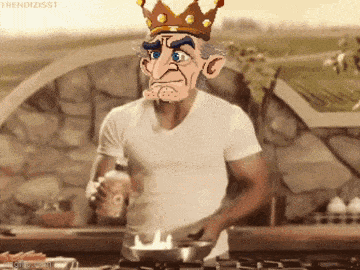 a cartoon character with a crown on his head is cooking in a kitchen
