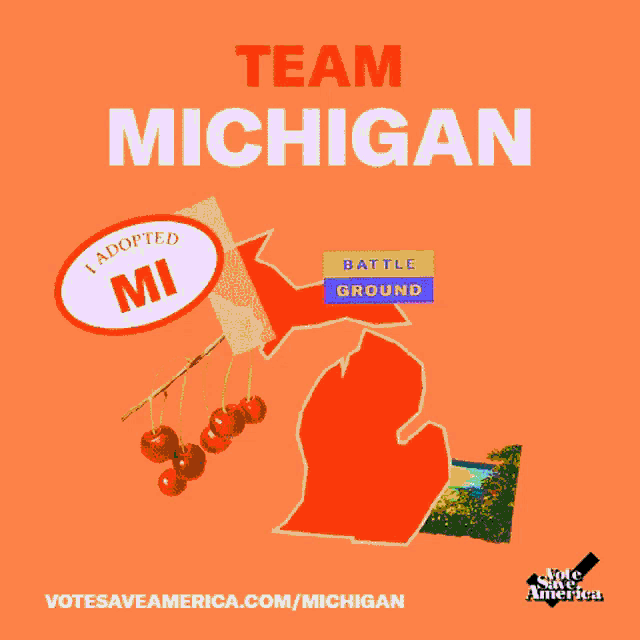 a pink poster with a map of michigan and a sticker that says " i adopted mi "