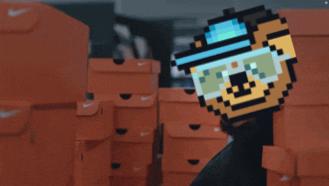 a pixel art of a person standing in front of a stack of orange nike boxes