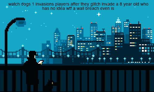 a pixel art of a man looking at his phone in front of a city skyline