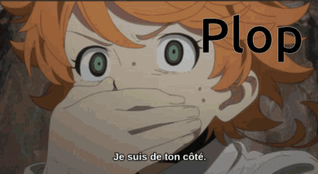 a girl with green eyes is covering her mouth with her hand and the word plop is on the bottom